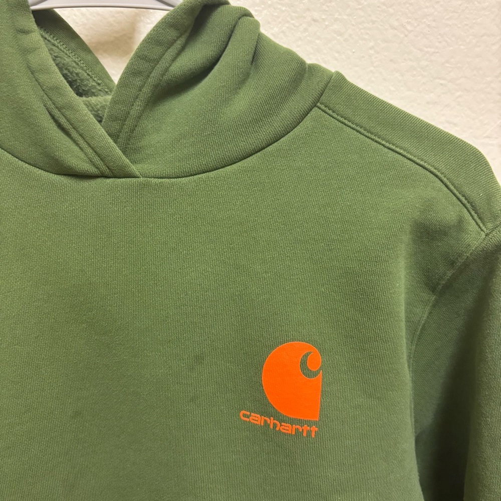 EUC Boys Carhartt Graphic Pullover Hoodie Chive Fleece Long Sleeve 14-16 Outdoor - Picture 3 of 10